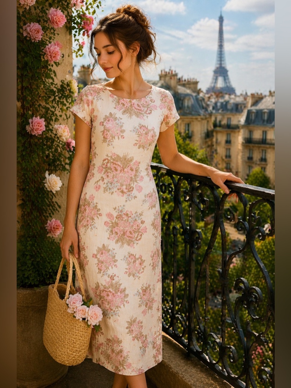Vintage Eileen West Linen Floral Dress Cottagecore Pink Rose Maxi Sheath Sz 4